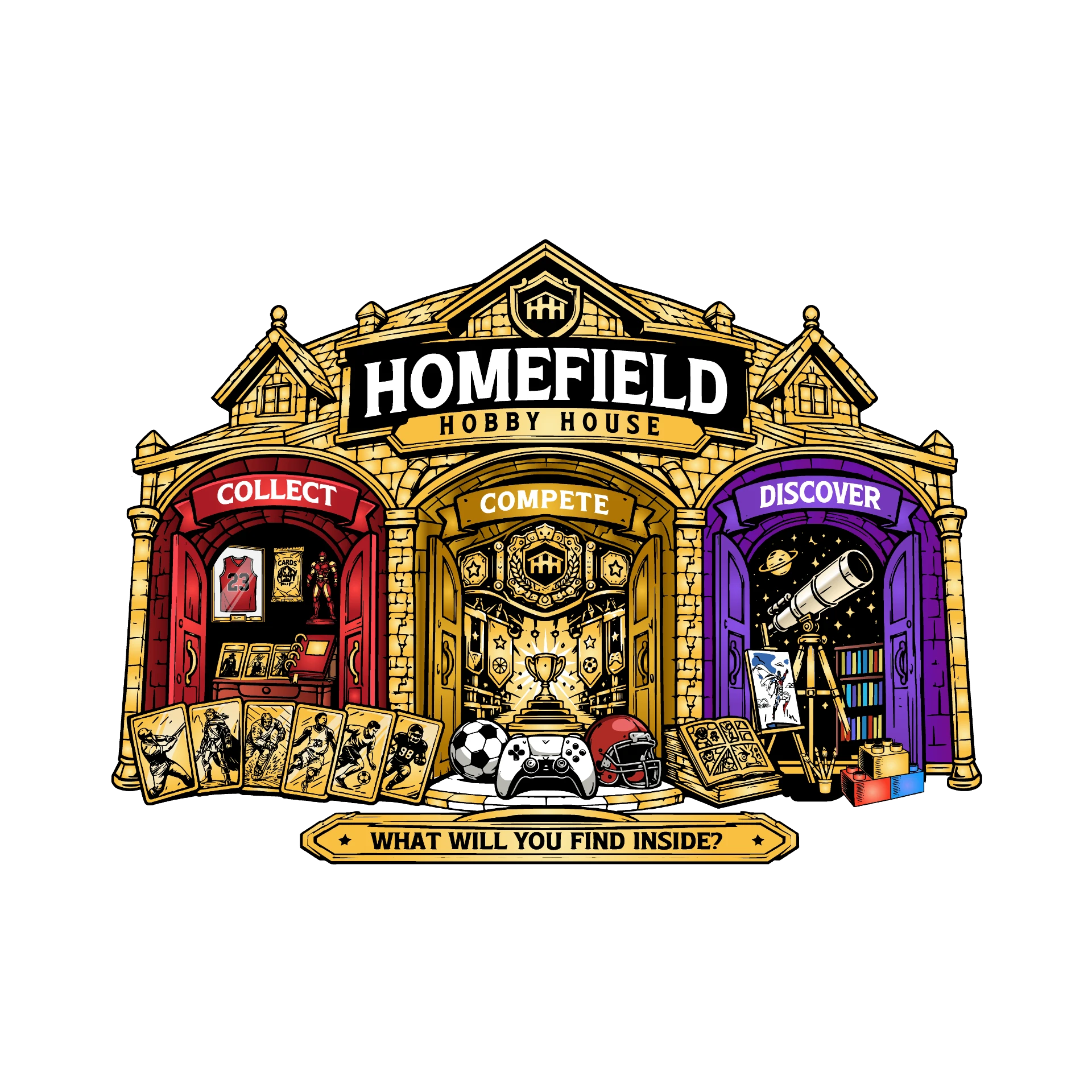 The Homefield Hobby House storefront, with three doorways: Collect, Compete and Discover.